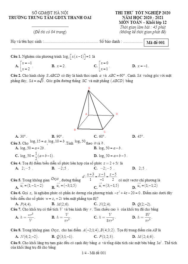 20 đề ôn thi tốt nghiệp THPT 2020 môn Toán trung tâm GDTX Thanh Oai Hà Nội