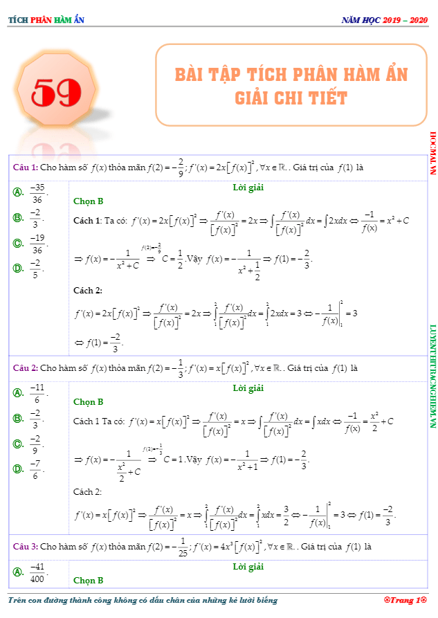 59 bài tập tích phân hàm ẩn có lời giải chi tiết