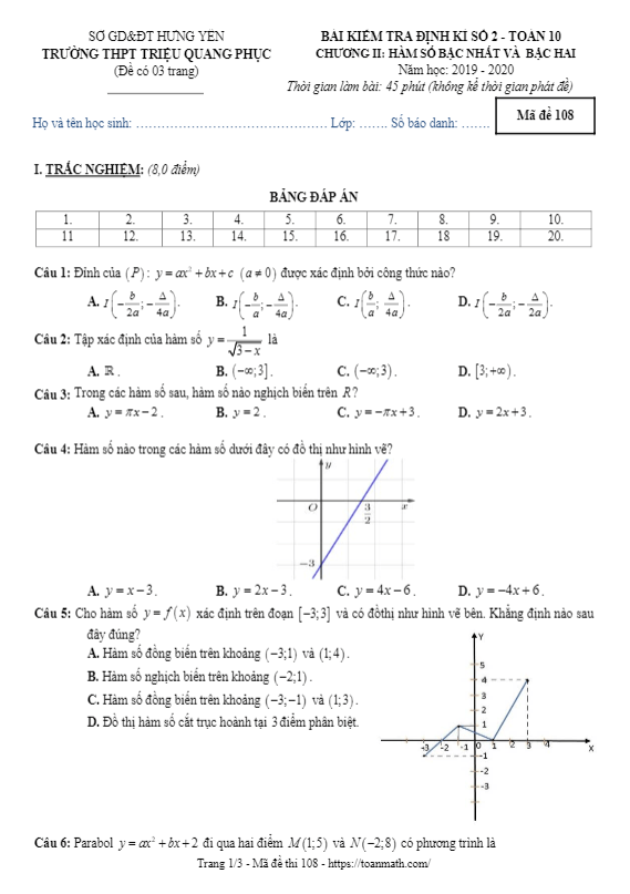 Bài kiểm tra định kì số 2 Toán 10 năm 2019 2020 trường Triệu Quang Phục Hưng Yên