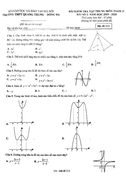 Bài kiểm tra số 2 Toán 12 năm 2019 2020 trường THPT Quang Trung Hà Nội