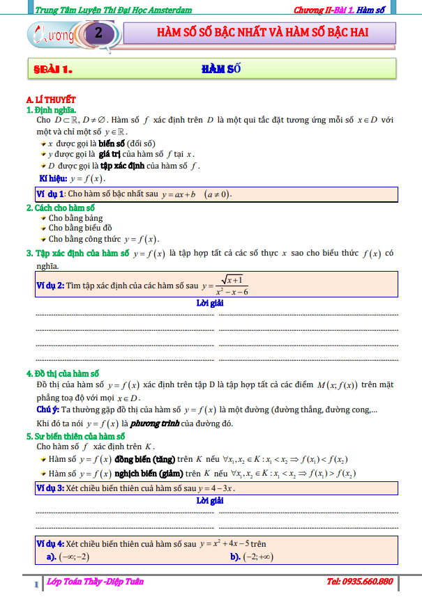 Bài tập hàm số bậc nhất và hàm số bậc hai Diệp Tuân