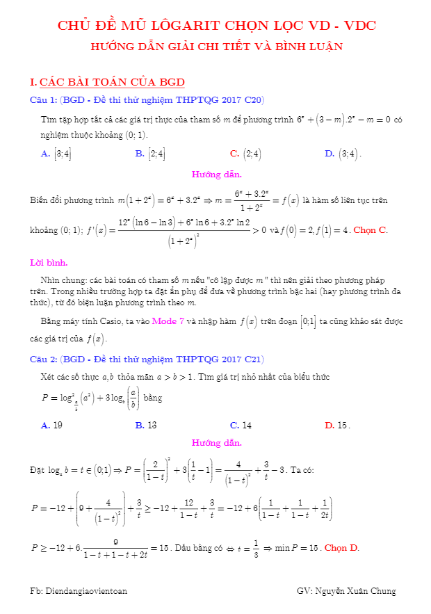 Bài tập mũ và lôgarit vận dụng cao có lời giải chi tiết Nguyễn Xuân Chung