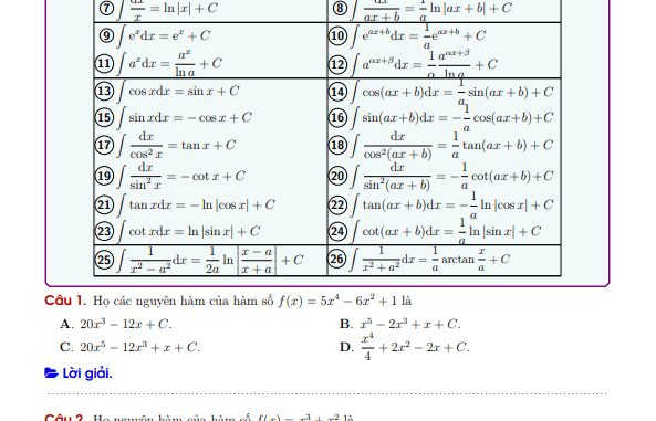 Bài tập nguyên hàm dành cho học sinh trung bình yếu