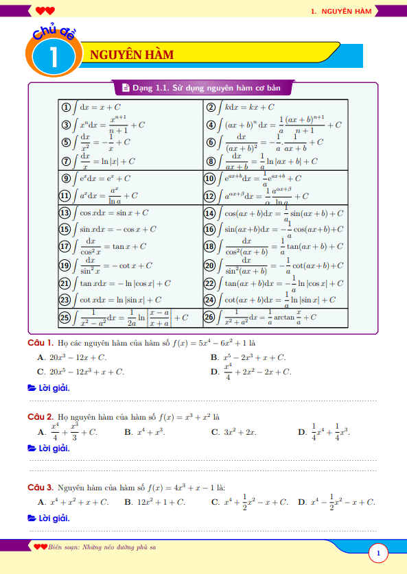 Bài tập nguyên hàm dành cho học sinh trung bình yếu
