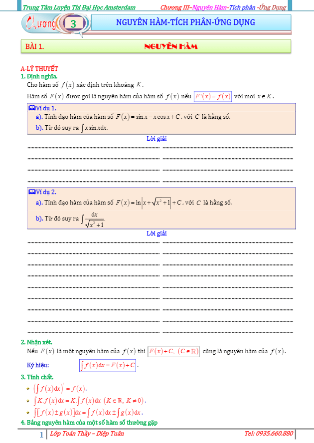 Bài tập nguyên hàm, tích phân và ứng dụng Diệp Tuân