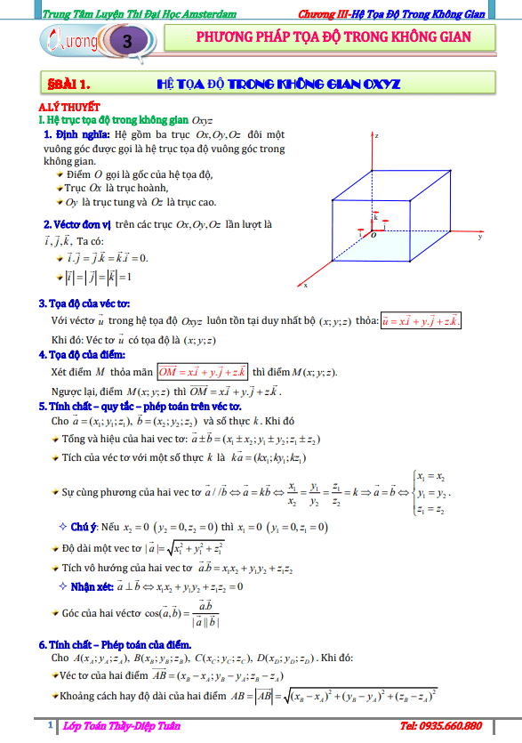 Bài tập phương pháp tọa độ trong không gian Diệp Tuân
