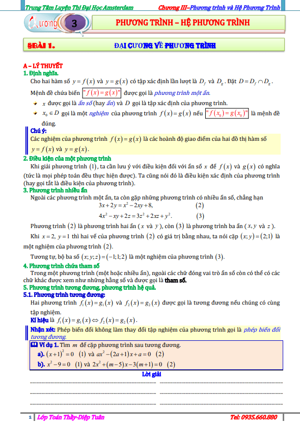 Bài tập phương trình và hệ phương trình Diệp Tuân