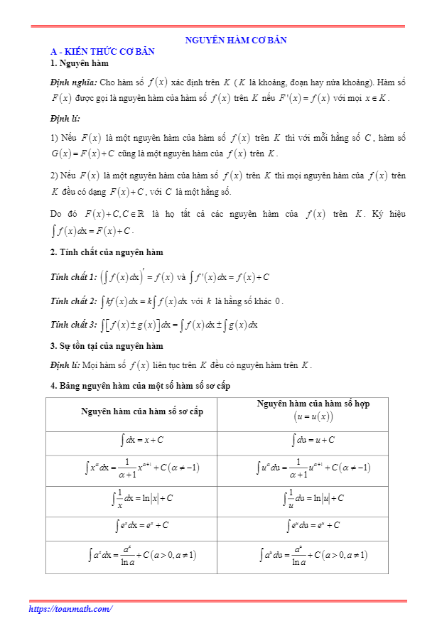Bài tập trắc nghiệm nguyên hàm có đáp án và lời giải
