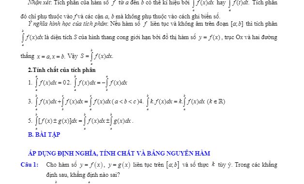 Bài tập trắc nghiệm tích phân có đáp án và lời giải