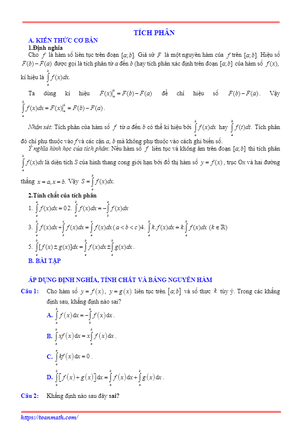 Bài tập trắc nghiệm tích phân có đáp án và lời giải