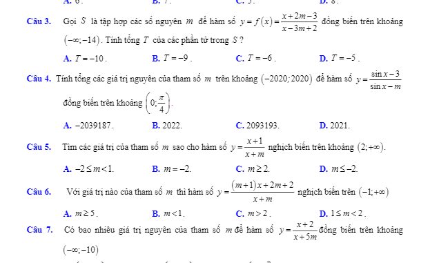 Bài tập trắc nghiệm tính đơn điệu của hàm số chứa tham số m
