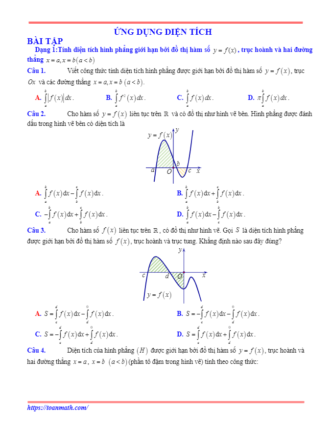 Bài tập trắc nghiệm ứng dụng của tích phân có đáp án và lời giải