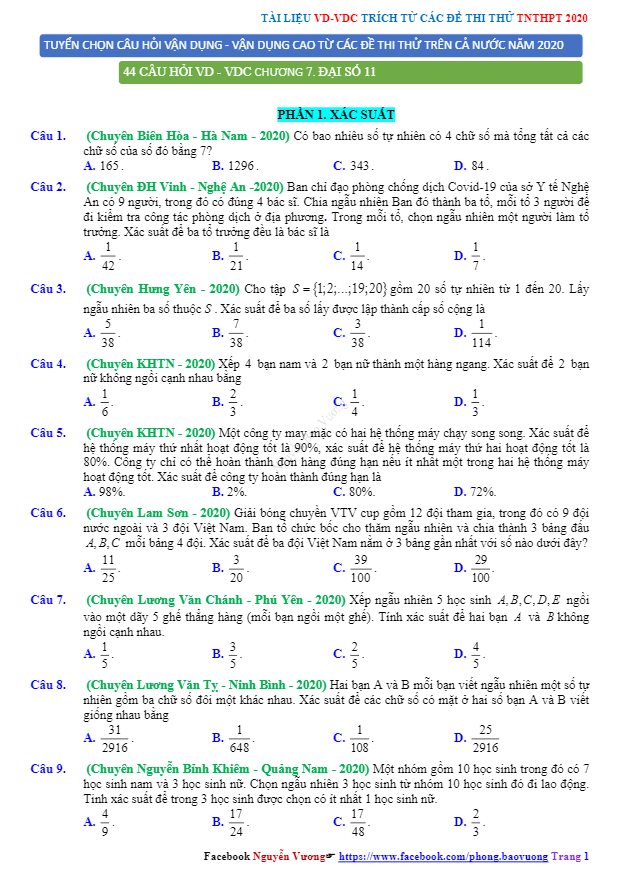 Bài tập VD – VDC Toán 11 trong các đề thi thử THPT 2020 môn Toán