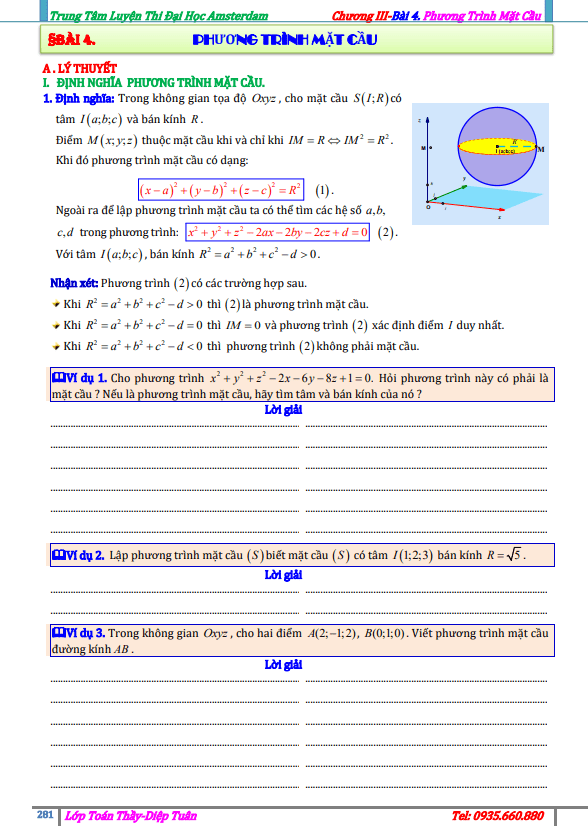 Bài toán phương trình mặt cầu Diệp Tuân