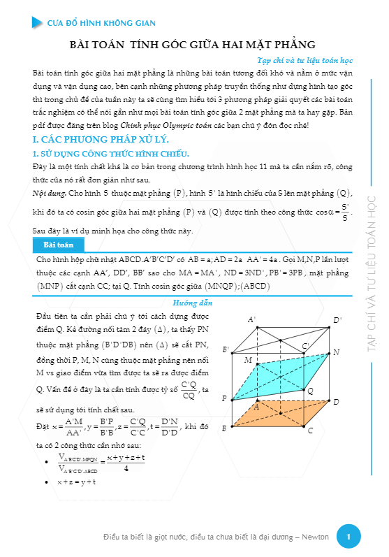 Bài toán tính góc giữa hai mặt phẳng