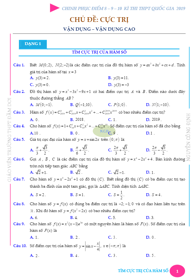 Bài toán VD VDC cực trị của hàm số Nguyễn Công Định