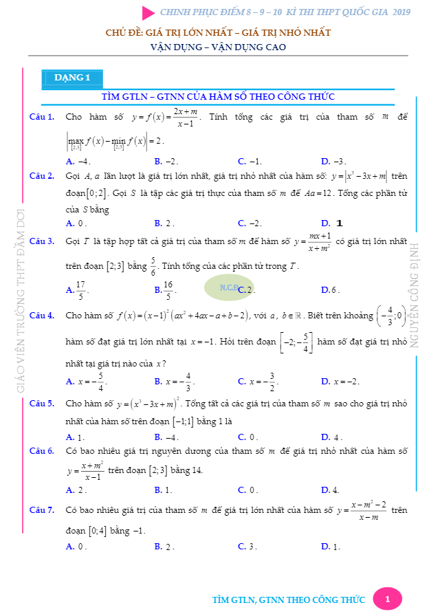 Bài toán VD VDC giá trị lớn nhất và giá trị nhỏ nhất của hàm số Nguyễn Công Định