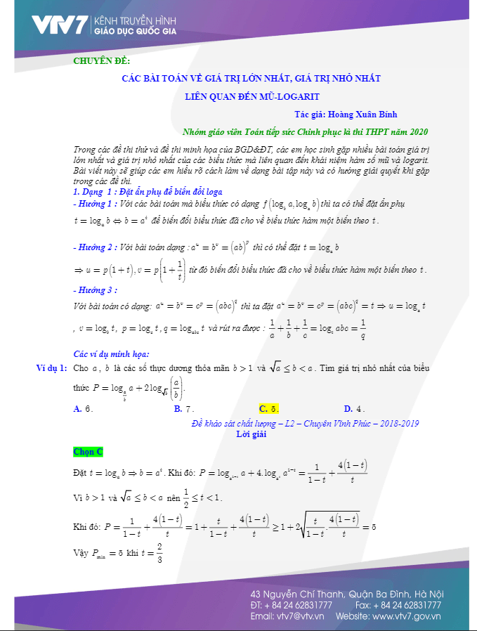 Bài toán về giá trị lớn nhất, giá trị nhỏ nhất liên quan đến mũ logarit Hoàng Xuân Bính