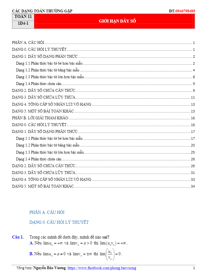 Các dạng toán giới hạn của dãy số, giới hạn của hàm số và hàm số liên tục