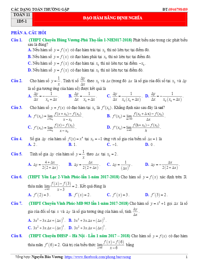 Các dạng toán trắc nghiệm đạo hàm thường gặp Nguyễn Bảo Vương