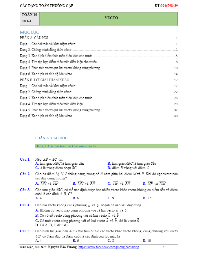 Các dạng toán vectơ thường gặp Nguyễn Bảo Vương