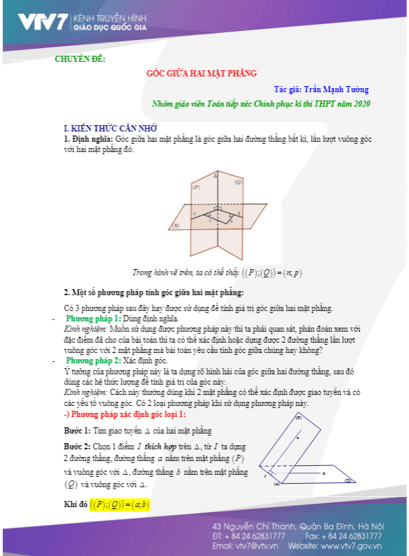 Chuyên đề góc giữa hai mặt phẳng Trần Mạnh Tường