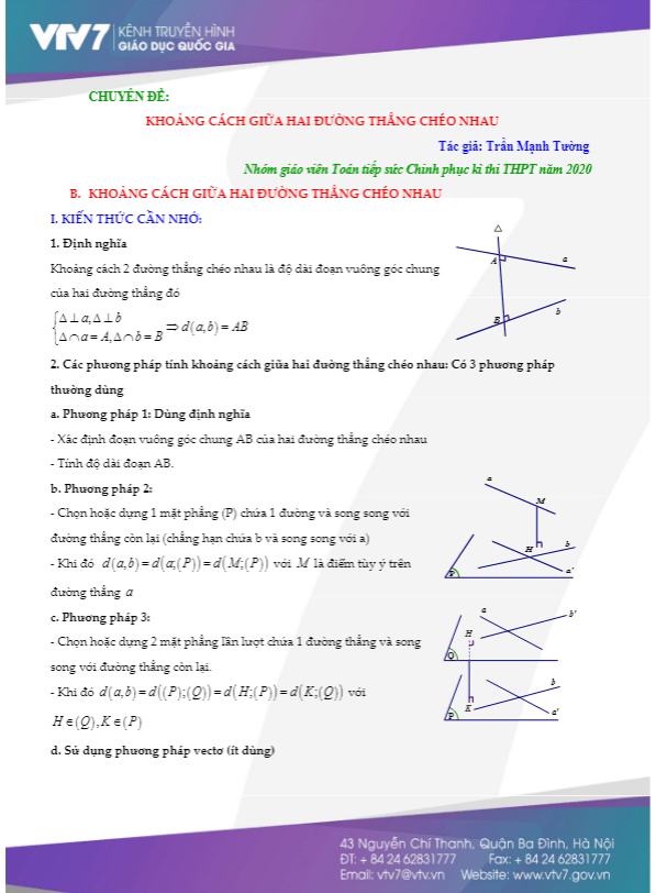 Chuyên đề khoảng cách giữa hai đường thẳng chéo nhau Trần Mạnh Tường