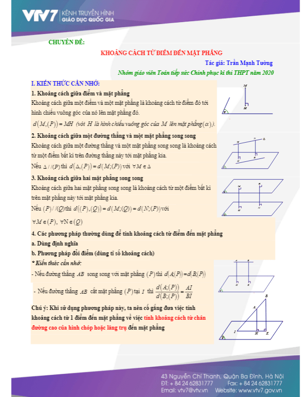 Chuyên đề khoảng cách từ điểm đến mặt phẳng Trần Mạnh Tường