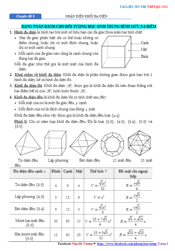 Chuyên đề khối đa diện và thể tích khối đa diện ôn thi THPT 2021 Nguyễn Bảo Vương