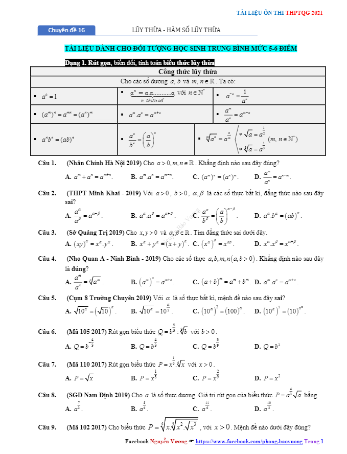 Chuyên đề lũy thừa, mũ và lôgarit ôn thi THPT 2021 Nguyễn Bảo Vương