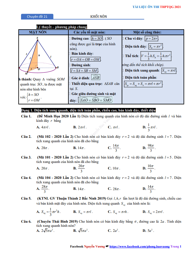 Chuyên đề mặt cầu, mặt trụ, mặt nón ôn thi THPT 2021 Nguyễn Bảo Vương