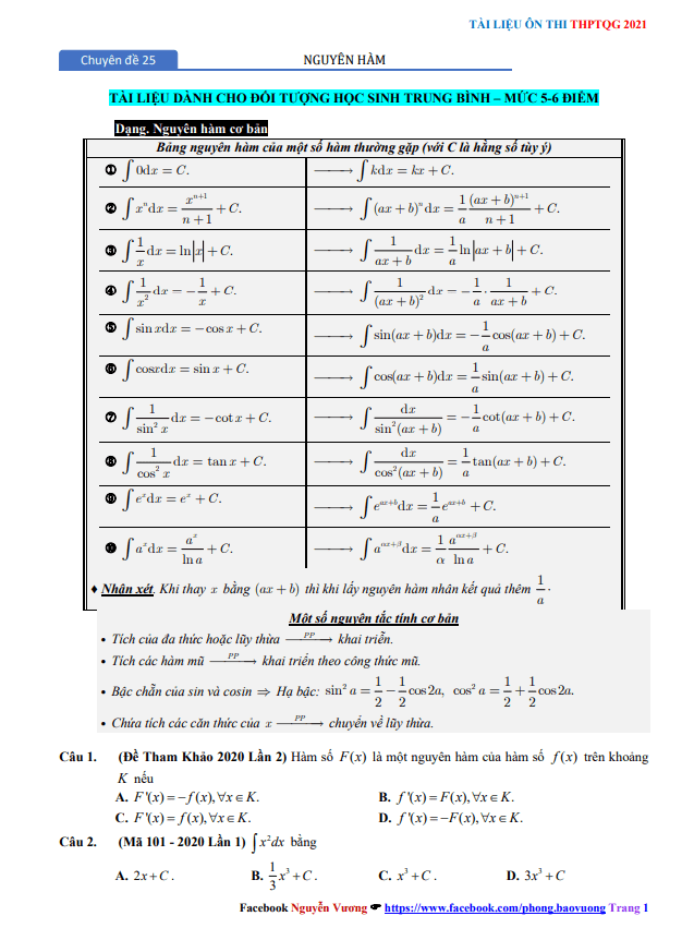 Chuyên đề nguyên hàm, tích phân và ứng dụng ôn thi THPT 2021 Nguyễn Bảo Vương
