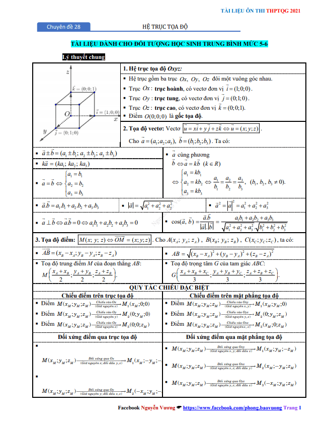 Chuyên đề phương pháp toạ độ trong không gian ôn thi THPT 2021 Nguyễn Bảo Vương