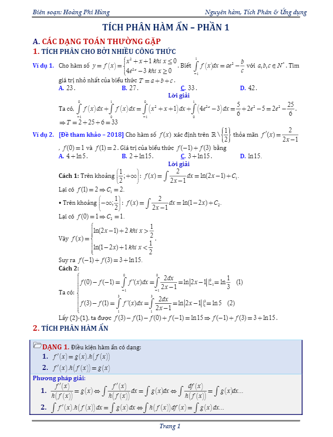 Chuyên đề tích phân hàm ẩn Hoàng Phi Hùng