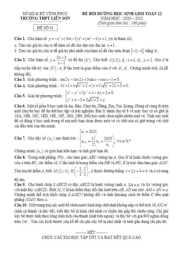 Đề bồi dưỡng HSG Toán 12 năm 2020 2021 trường THPT Liễn Sơn Vĩnh Phúc