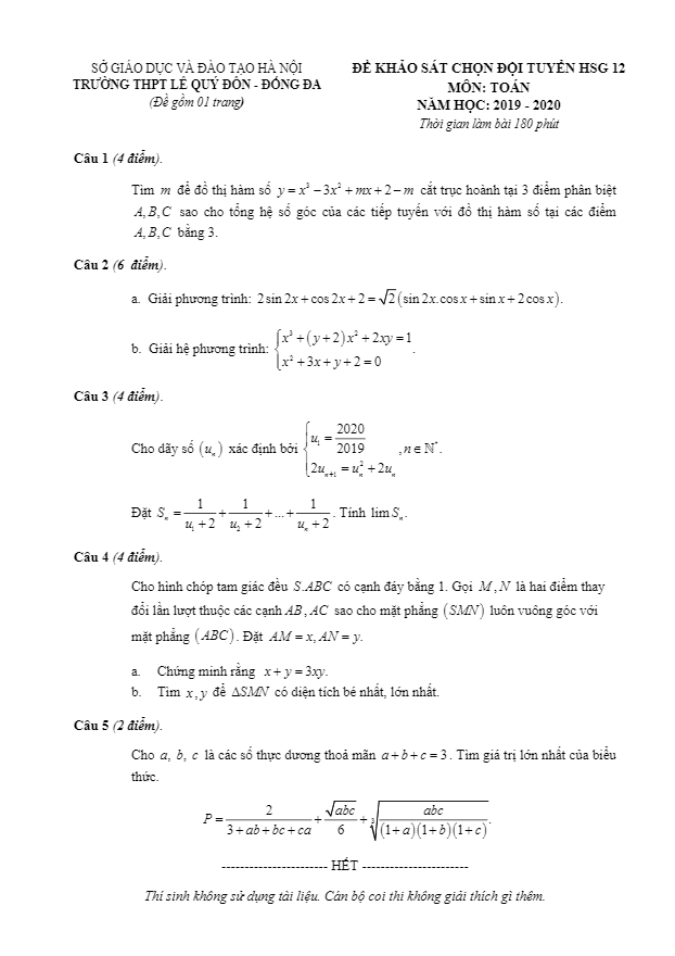 Đề chọn đội tuyển HSG Toán 12 năm 2019 2020 trường Lê Quý Đôn Hà Nội