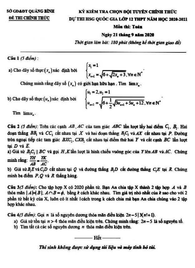 Đề chọn đội tuyển HSG Toán 12 năm học 2020 2021 sở GD&ĐT Quảng Bình