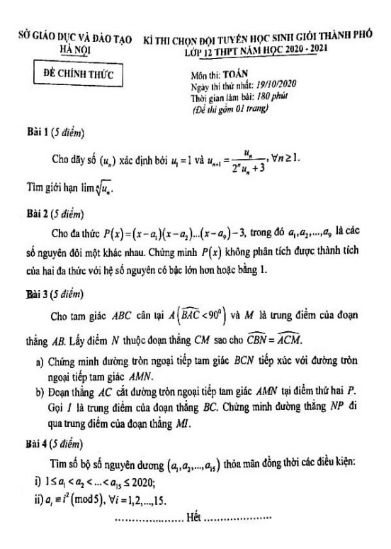 Đề chọn đội tuyển HSG Toán 12 THPT năm 2020 2021 sở GD&ĐT Hà Nội