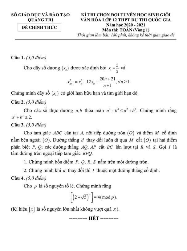 Đề chọn đội tuyển HSG Toán 12 THPT năm 2020 2021 sở GD&ĐT Quảng Trị