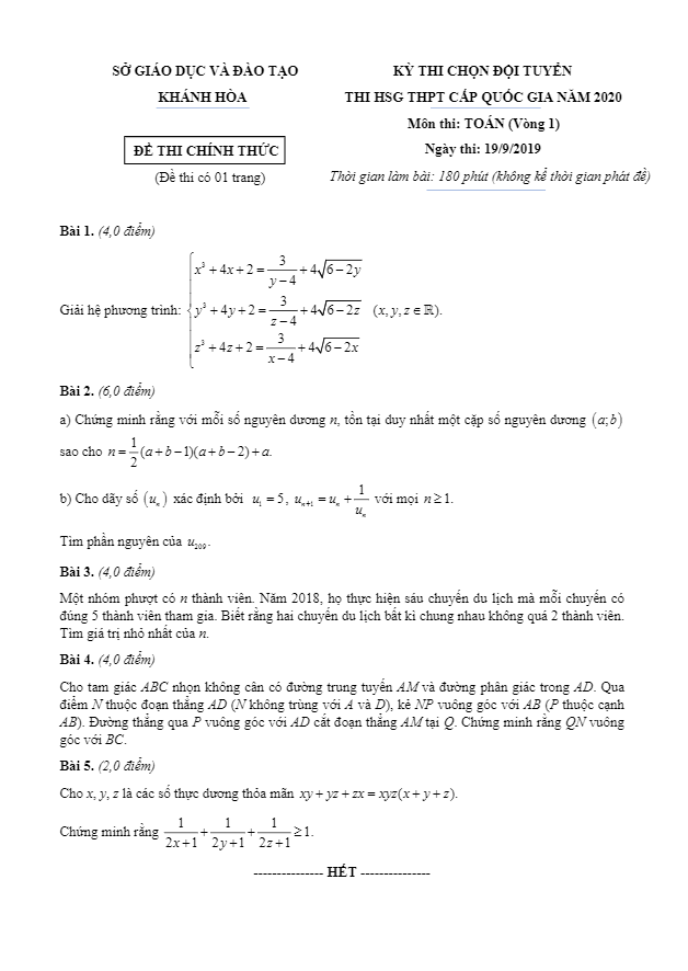 Đề chọn đội tuyển HSG Toán năm 2020 sở GD&ĐT Khánh Hòa (vòng 1).