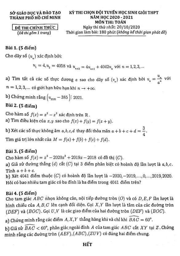 Đề chọn đội tuyển HSG Toán THPT năm 2020 2021 sở GD&ĐT TP HCM