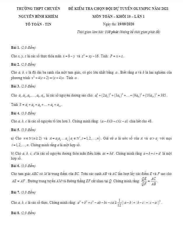 Đề chọn đội tuyển Olympic 2021 Toán 10 lần 1 trường chuyên Nguyễn Bỉnh Khiêm Quảng Nam