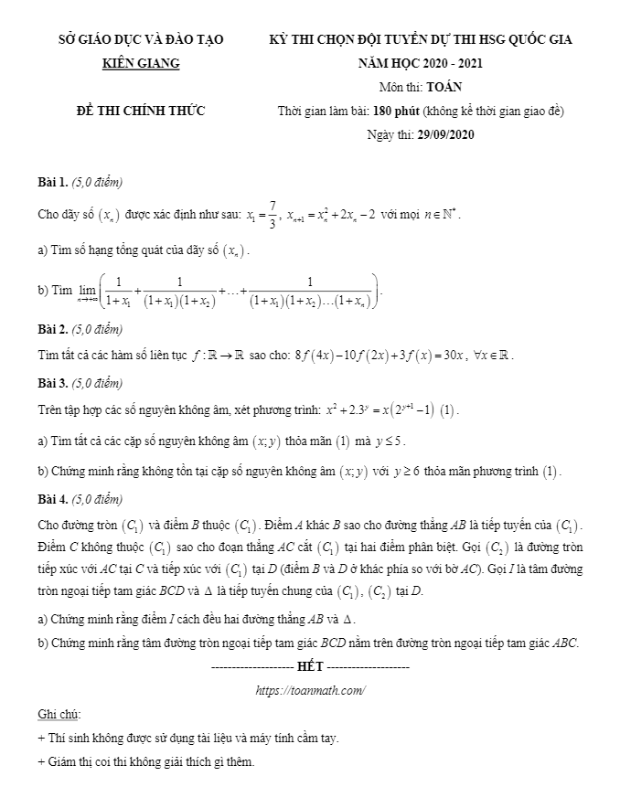 Đề chọn đội tuyển thi HSG Quốc gia môn Toán năm 2020 2021 sở GD&ĐT Kiên Giang