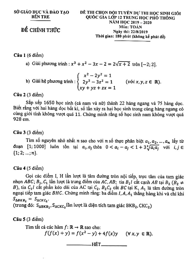 Đề chọn đội tuyển thi HSG Quốc gia Toán 12 năm 2019 2020 sở GD&ĐT Bến Tre
