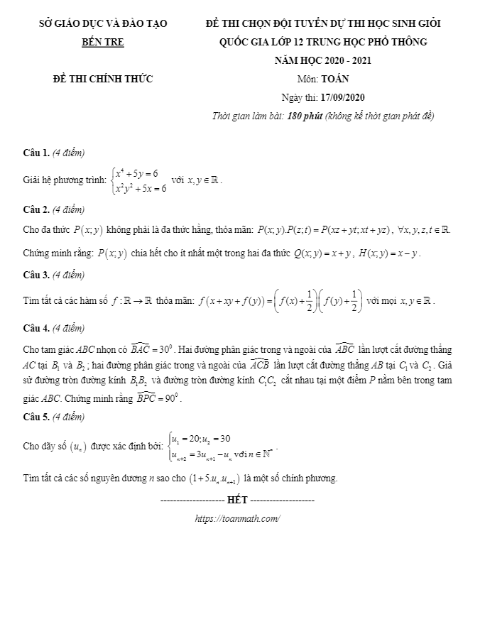 Đề chọn đội tuyển thi HSG Quốc gia Toán 12 năm 2020 2021 sở GD&ĐT Bến Tre