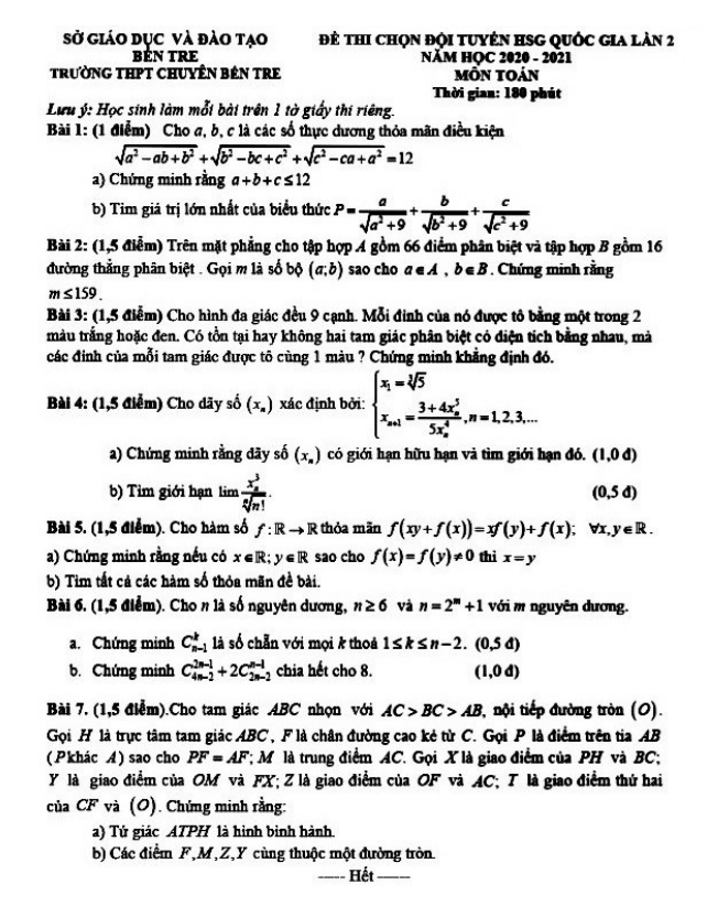 Đề chọn đội tuyển thi HSG Toán Quốc gia 2020 2021 trường chuyên Bến Tre (lần 2)