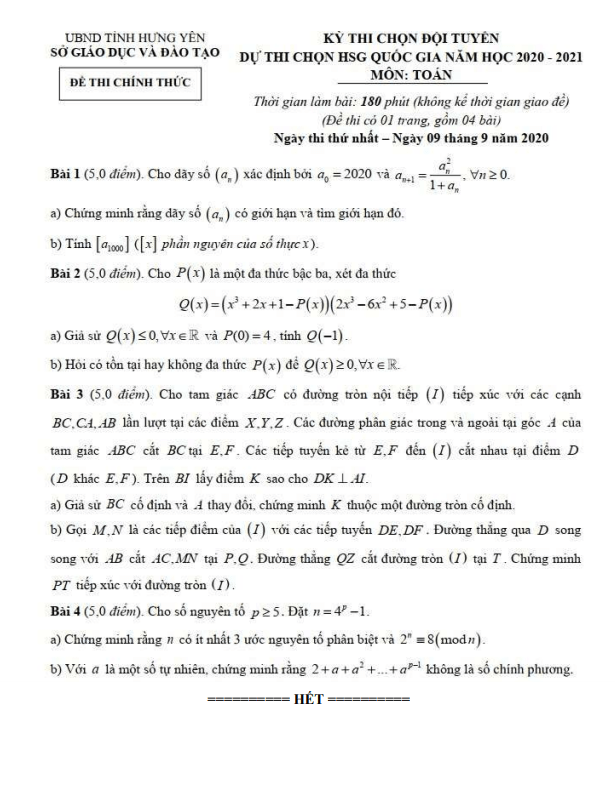 Đề chọn đội tuyển thi HSG Toán Quốc gia năm 2020 2021 sở GD&ĐT Hưng Yên