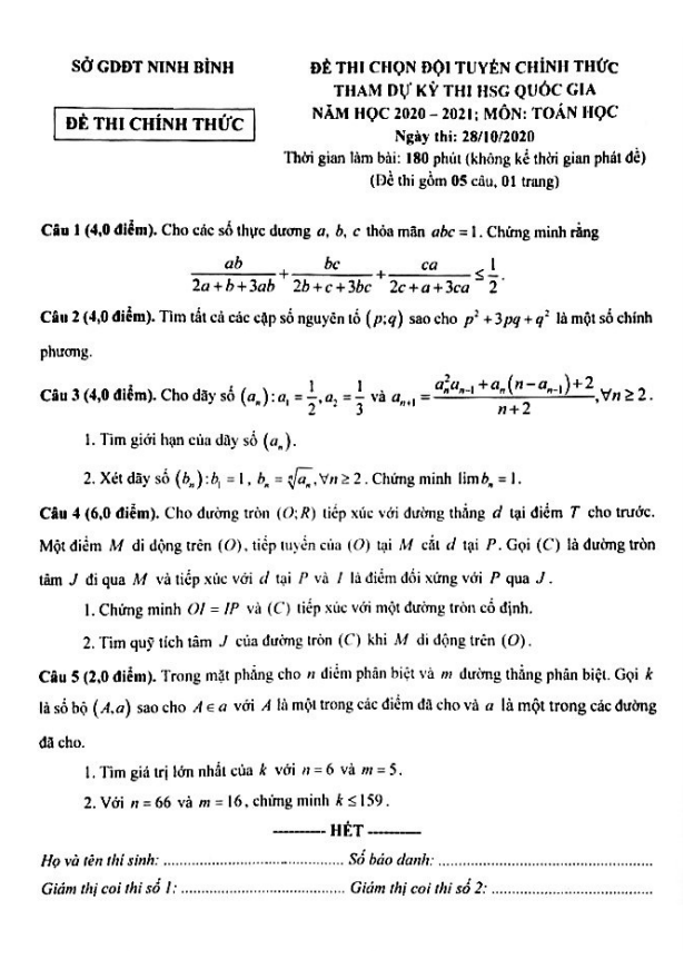 Đề chọn đội tuyển thi HSG Toán Quốc gia năm 2020 2021 sở GD&ĐT Ninh Bình