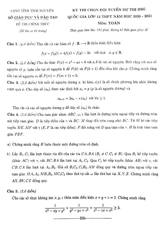 Đề chọn đội tuyển thi HSG Toán Quốc gia năm 2020 2021 sở GD&ĐT Thái Nguyên