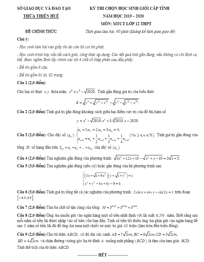 Đề chọn học sinh giỏi MTCT 12 năm 2019 2020 sở GD&ĐT Thừa Thiên Huế